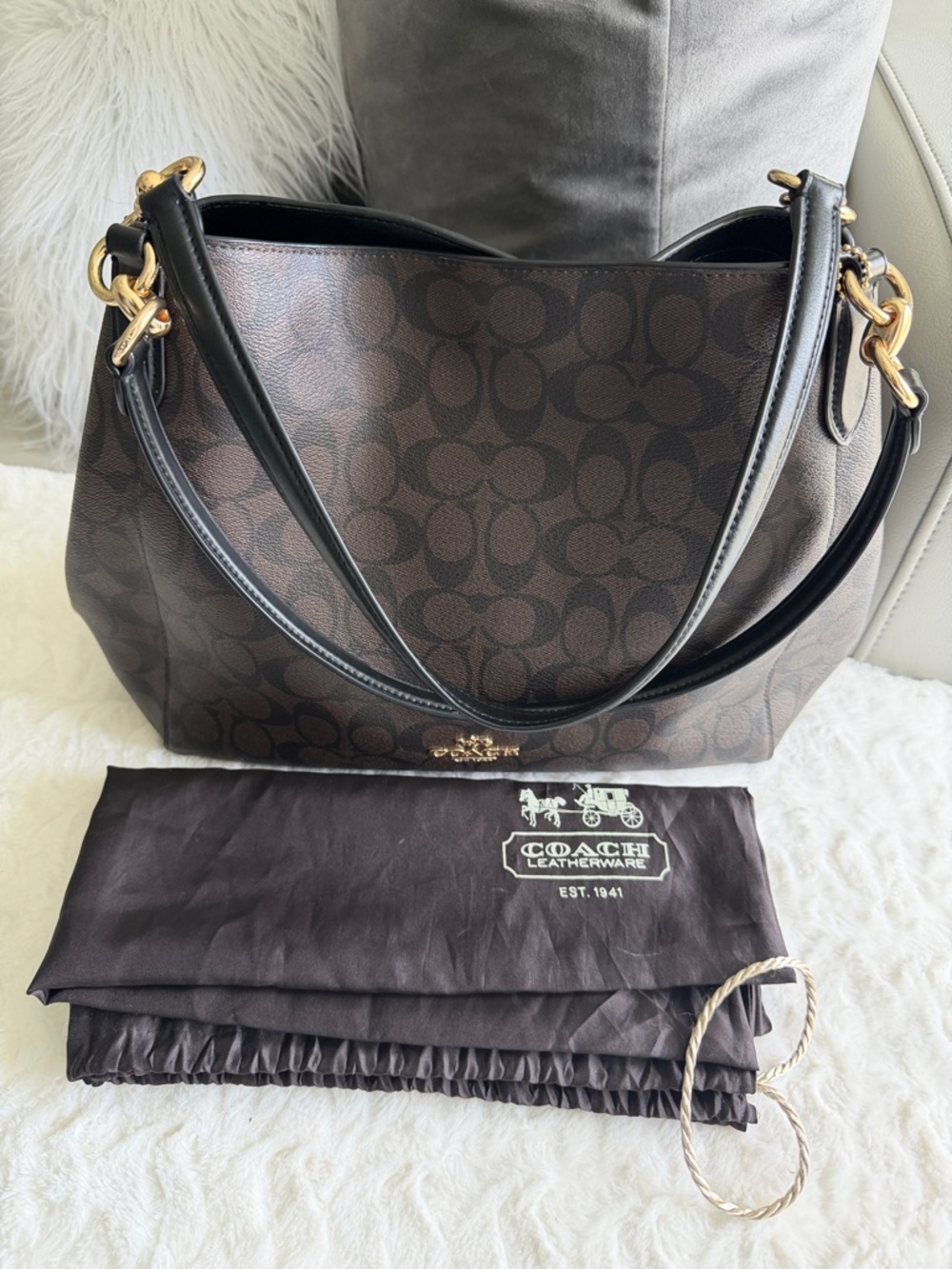 Coach Dark Brown Signature Canvas Shoulder Bag with Black Leather Straps - Picture 12 of 12